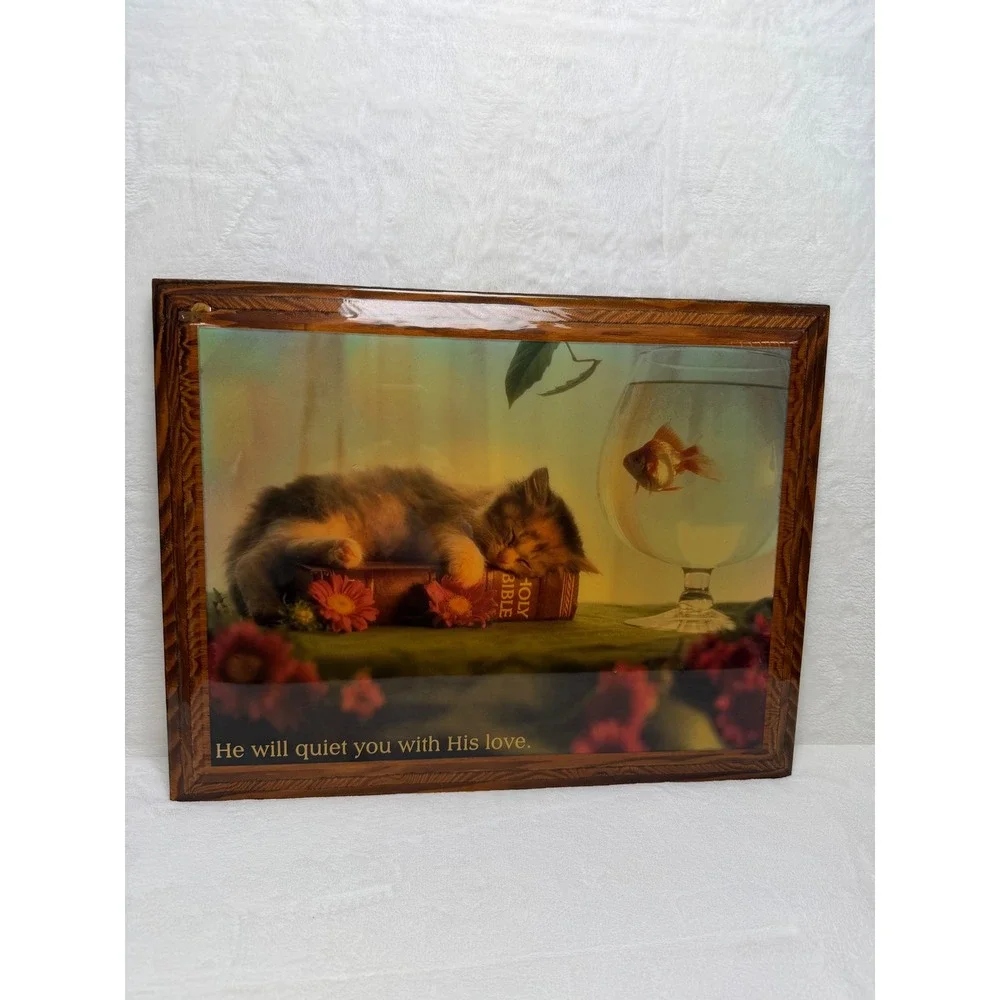 VTG Andy Anderson Handcrafted‎ Wood Resin Plaque Kitten Bible Religious Art